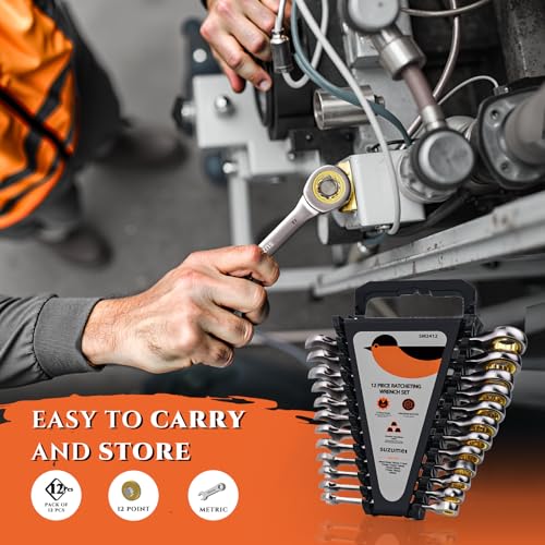 Image of SUZUME 12-Piece Metric Ratcheting Wrench Set (8-19mm) 72T Cr-V 15K+ Cycle Locked Gears Nickel Plated & Organizer for Tight Engine Bays Auto Truck Motorcycle Bike Repair