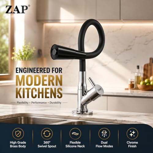 Image of ZAP Pluto Flexible Kitchen Sink Tap | Brass Body | 360 Swivel Swan Neck Faucet | Dual Flow Spray & Stream Modes | Flexible Silicone Spout | Chrome Finish | Cold Water Tap