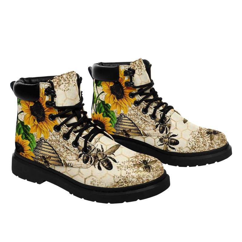 Customizable Women's Ankle Combat Boot with Charming Bee & Floral Design, Stylish Vegan Leather Fashion Booties3