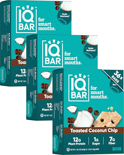 IQ BAR Brain and Body Plant Protein s - Toasted Coconut Chip - 36 Count, Low Carb, High Fiber, Gluten Free, Vegan Snacks - Low Sugar Keto Energy