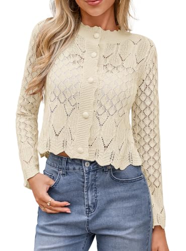 SimpleFun Crochet Cardigans for Women Trendy Cropped Fall Tops Beige S - image 1