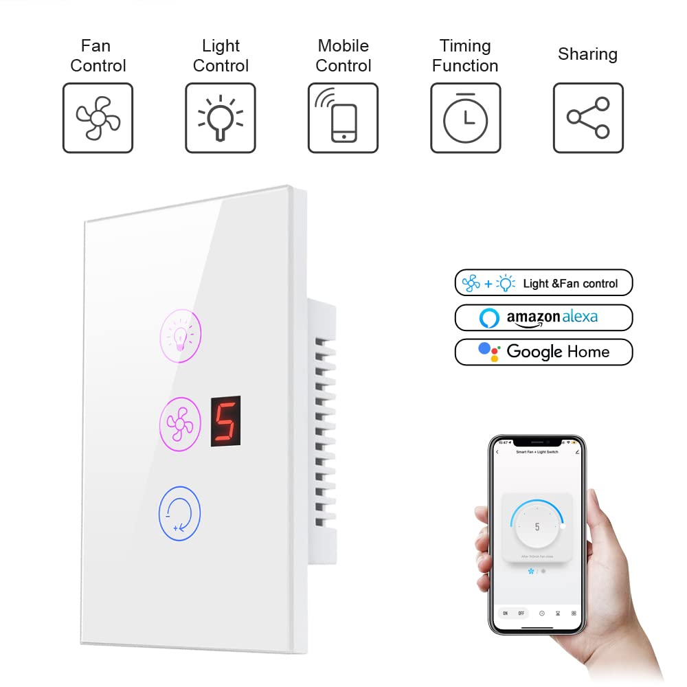 Inteligentny włącznik światła wentylatora Wifi, włącznik lampy wentylatora sufitowego ue/usa pilot Tuya różne sterowanie prędkością praca z Alexa, Google Home (Color : EU White)