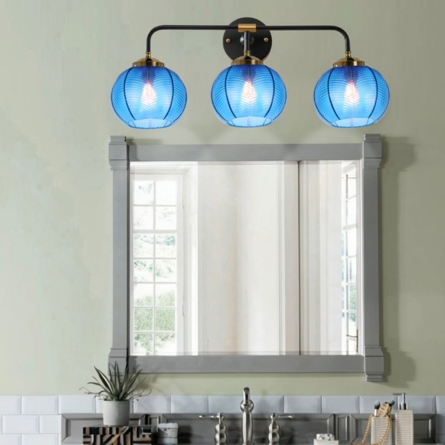 Image of Vanity Lights for Bathroom,Mid Century Vanity Light Black Sconce Blue Bathroom Light Fixture Over Mirror Ribbed Glass Globe Shade Art Deco Vanity Lights Modern Wall Sconce 3-Lights