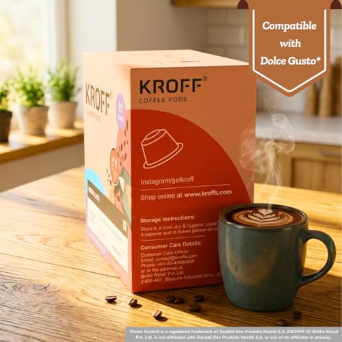 Image of KROFF Mocha Latte Coffee Pods | Dolce Gusto Compatible | Chocolate Coffee Blend with Creamy Milk | 10 Pods Per Box