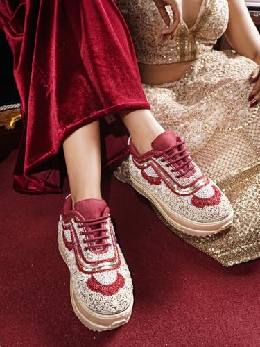 Image of LENSBURY Women Hand Embroidery Wedding Party Bridal Floral High Heel Sneakers I Cushioned Insole I Comfortable Wear Wedge Shoes I for Ladies and Girls LBCNV4037