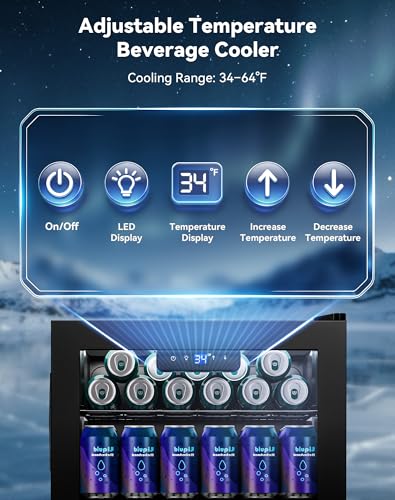Image of 3.1 Cuft Beverage Fridge, 128 Can Mini Fridge, Glass Door, 35-65F, Black | Adjustable Shelves for Wine & Beer, Digital Temp Display, Freestanding for Home & Office, Quiet Compressor Cooling