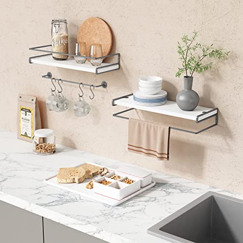 Forbena White Floating Shelves For Bathroom Organizer Over Toilet, Bathroom Shelves Wall Mounted With Towel Rack, Small Corner Wall Shelf For Bedroom Decor Kitchen Storage (White-Grey Set Of 2) #TOP3