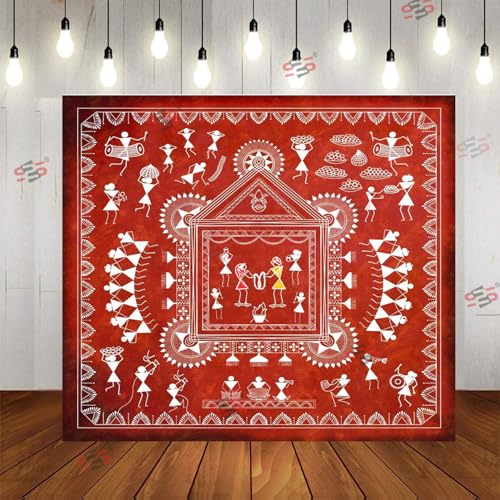 Image of S2S Varli Paint Design Backdrop Cloth | for Wedding Decoration Traditional Background Curtain Cloth | 5 Feet Height & 5 Feet Width