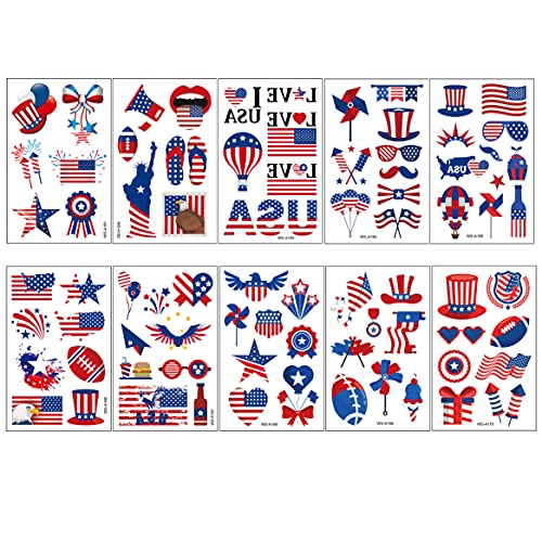 Topfunny 10 SHEETS-FLAGS Temporary Tattoos, 90Pcs Independence Day Tattoos (10 Sheets) American Flag Red White & Blue Design Usa Body Art Patriotic Stickers thumb #3