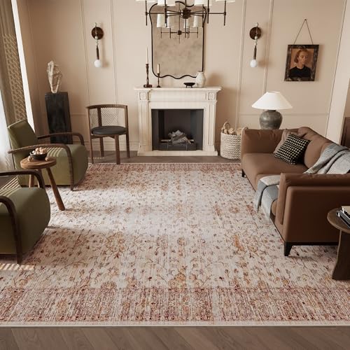 Vintage 8x10 Washable Area Rug, Low-Profile Large Area Rug with Non-Slip Backing & Durable Edge Binding, Pet-Friendly Carpet, Large Rug for Living Room, Bedroom, Dinning Room