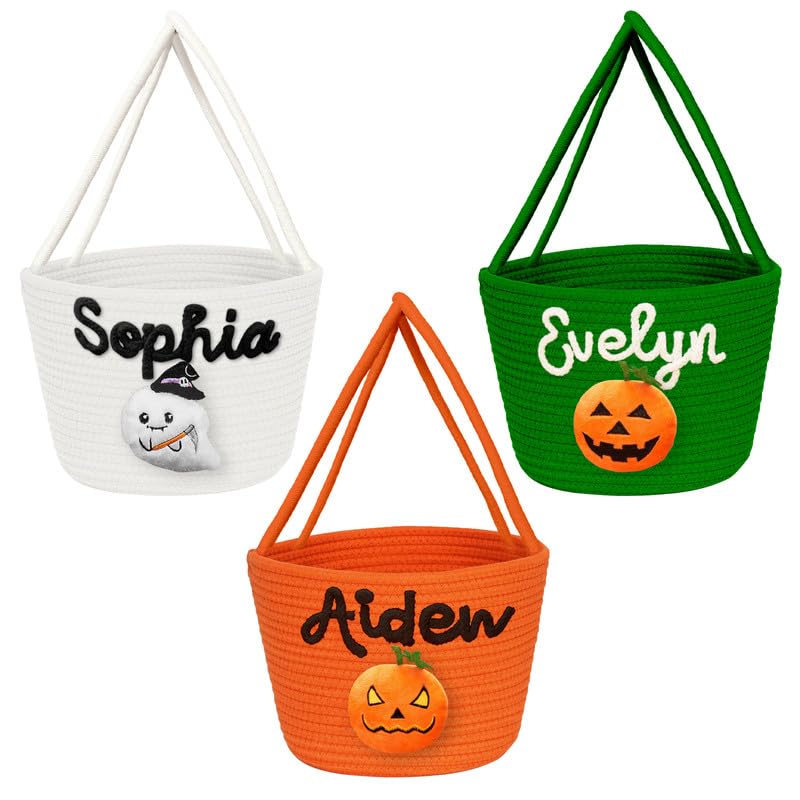 Voltexia Personalized Halloween Basket Trick or Treat Bucket Bag with Name Custom Woven Halloween Candy Basket for Kids Halloween Pumpkin Bucket Ghost Basket