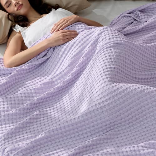 Image of Bedsure Cooling Cotton Waffle King Size Blanket - Lightweight Breathable Blanket of Rayon Derived from Bamboo for Hot Sleepers, Luxury Throws for Bed, Couch and Sofa, Purple, 104x90 Inches