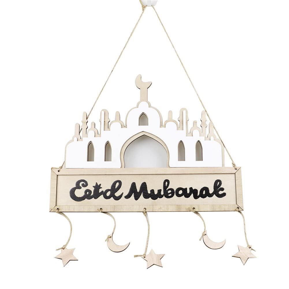 Señal de madera Eid Mubarak con acabados artesanales para la puerta de casa