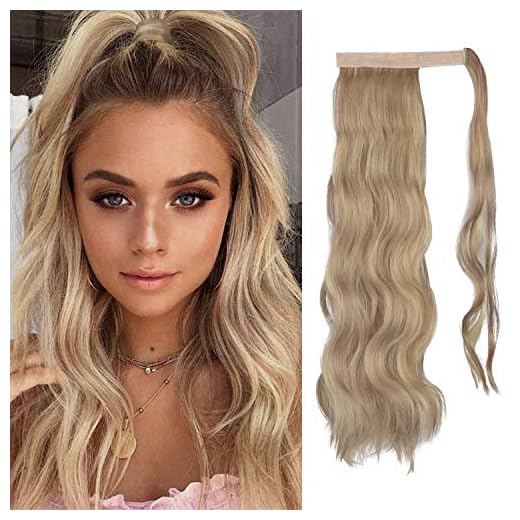 FESHFEN 60 cm Ponytail Cheveux Naturel Wave Bouclé Longue Queue De Cheval Cheveux Extension Wrap Around Ponytail Synthétique Clip en Queue De Cheval Postiche Brun Cendré Clair et Blond Blanchi