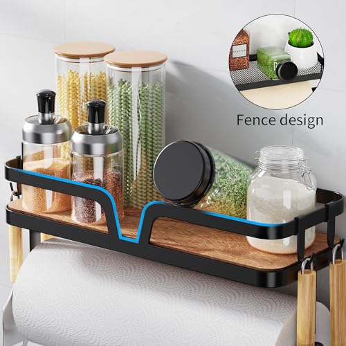 Image of Taozun Paper Towel Holder Wall Mount, Kitchen Paper Holder Spice Rack Black Paper Towel Roll Holder RV Paper Towel Rack with 4 Hooks(2 Installation Methods - Self-Adhesive and Drilling)