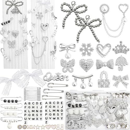RQAYE 268pcs Silver Junk Socks Charms Kit Shoe Charms for Sneakers Brooches and Pins for Women Pearl and Rhinestone Sock Charm with Safety Pins DIY Accessories for Personalizing Socks