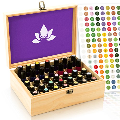 Essential Oil Box - Wooden Storage Case Holds 35 Bottles and Tall Roller Balls. Natural Pine Wood Oils Organizer. Free EO Labels & Foam Pad. Best for Keeping 5ml 10ml, 15ml & 1oz 30 ml Bottle Safe.