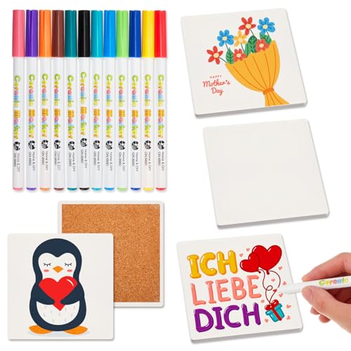 Geiserailie DIY Keramik Untersetzer Set Enthalten 4 Weiße Keramikuntersetzer mit Pad und 12 Verschiedene Farbe Porzellanstifte Keramik Rohlinge zum Bemalen Basteln Untersetzer zum Dekorieren(Quadrat)