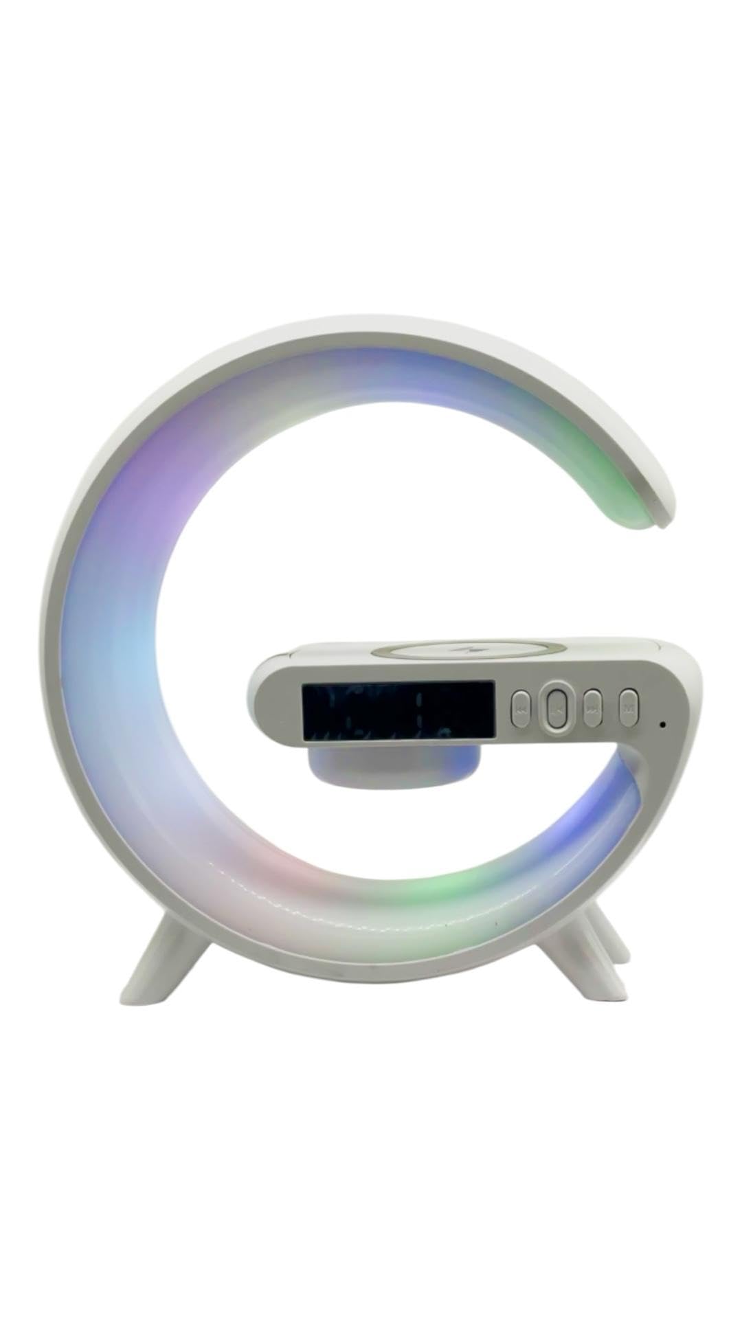 OrionMart Alarm Clock G Shaped Bedside Lamp Wireless Charger & Speaker - Color Changing Table Lamp Night Light - Premium Gift Idea