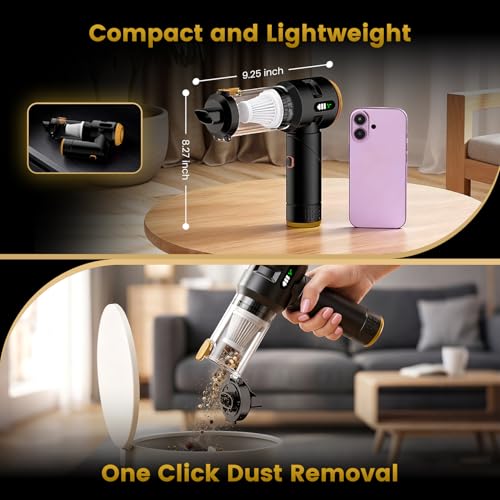 Image of Wansimoo Handheld Car Vacuum Cleaner,25000PA Strong Cyclonic Suction Foldable Mini Vacuum Portable Cordless with Digital Display and One Touch Dust Removal for Car, Home, Office, Kitchen (Gold)