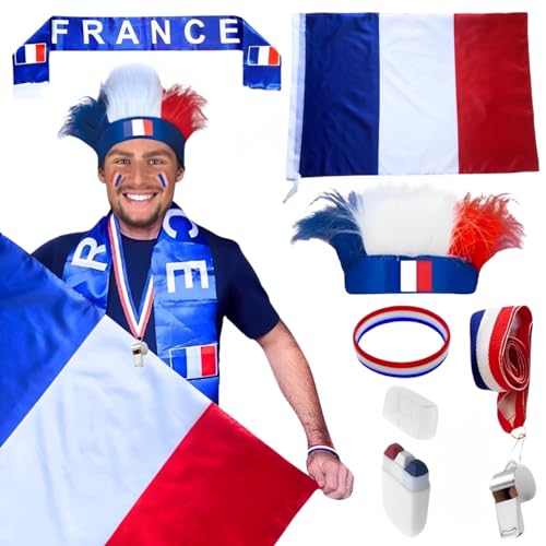 Kit Supporter Equipe de France 6 Accessoires - 1 Drapeau Francais + 1 Bandeau Perruque + 1 écharpe + 1 Maquillage Bleu Blanc Rouge + 1 Bracelet + 1 sifflet...