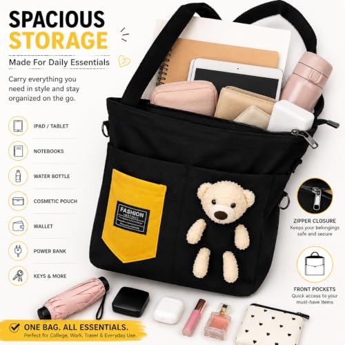 Image of BROGBUS Canvas Tote Bag for Women with Teddy Bear Charm Adjustable Sling Strap, Zipper Closure, College Travel Shopping Bag