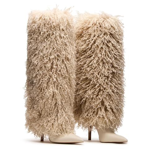 Fur Knee High Boots for Women Pointed Toe Stiletto Heel Fold Over Tall Boots Fashion Wide Calf Long Booties2