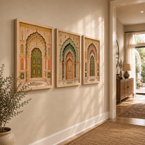 Image of NoWorries Arch Wall Art Set of 3 Framed Prints | Indian Traditional Palace Door Painting, Royal Rajasthani Architecture Poster, Vintage Floral Ethnic Wall Decor for Living Room Bedroom Home (Synthetic Engineered Wooden Frame) (MIN -3, 25x37 inches)