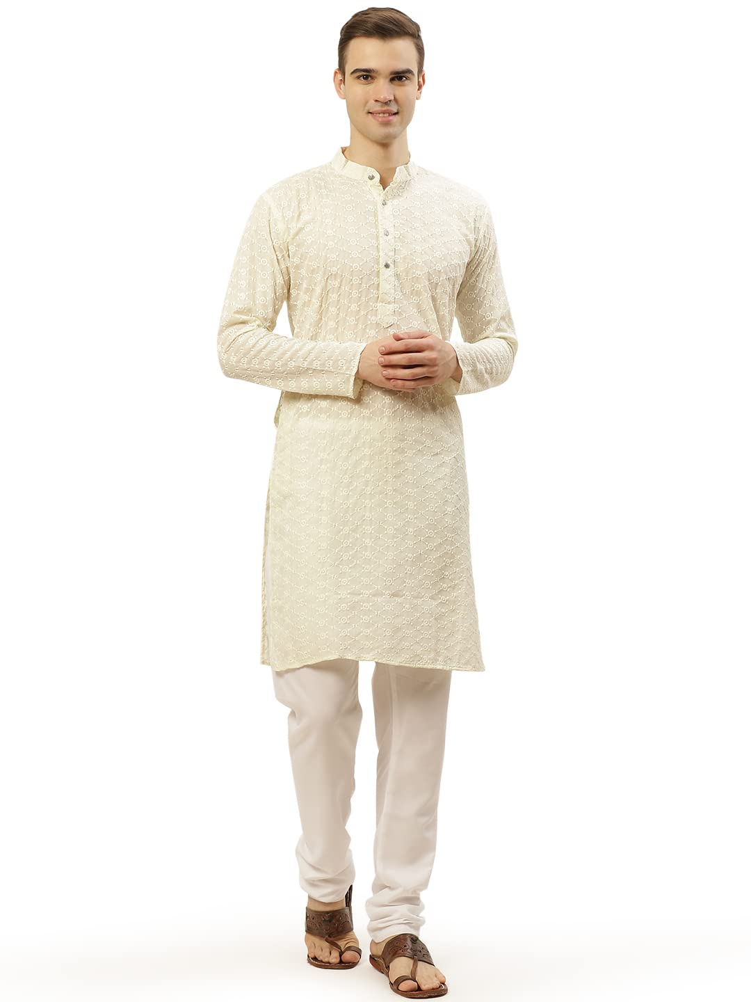 Jompers Men's Cream Embroidered Straight Kurta Pyjama Set. (Cream, L)
