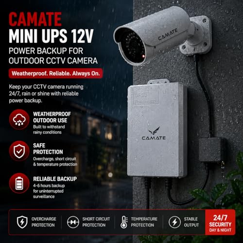 Image of Camate Mini UPS 12V Power Backup for WiFi Router & CCTV Camera | 3600mAh Battery, 4-6 Hr Backup | Weatherproof Outdoor Use | 12V 2A Output | Plug & Play | Safety Protection
