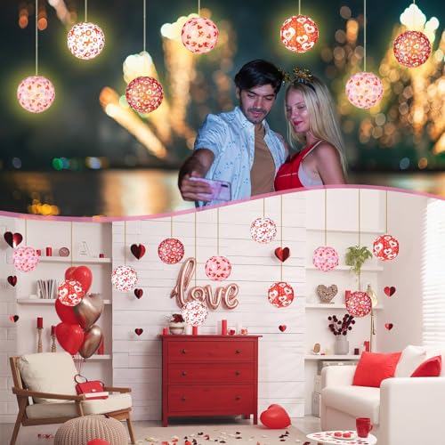 Image of Panelee 12 Pcs Valentine's Day Paper Lanterns Party Decorations Pink Heart Hanging Round Lanterns 8 Inch Hanging Paper Party Decorations for Valentine Indoor Outdoor Party Decorations Supplies