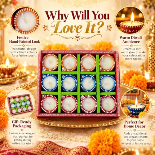 Image of Premium Laxmi Decorative Clay Diya Set of 12 | Handcrafted Colourful Mitti Diyas for Diwali