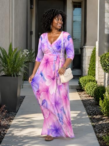 Image of Plus Size Maxi Dress for Women V Neck 3 /4 Sleeve Wrap Dress