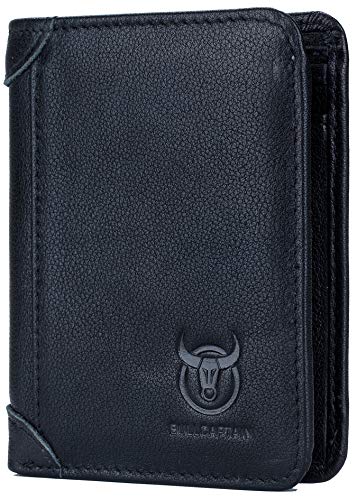 BULLCAPTAIN Genuine Leather Bifold Men Wallet RFID Blocking Credit Card Holder Minimalist Wallet with 2 ID Window (Black)