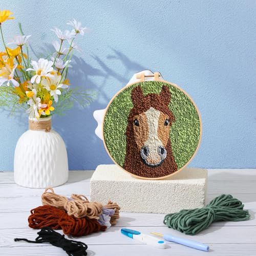 Image of SmoothNovelty Horse DIY Punch Needle Kits for Beginners with Hoop Embroidery Fabric Instructions Thread Punch Needle Craft Set Easy for Starter Adults and Children Gift Decoration, 20x20cm-4