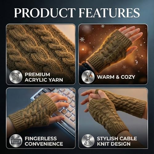 Image of Kraptick Women's Cable Knit Fingerless Gloves - Winter Soft Woolen Arm Warmers with Thumb Hole - Thermal Half Finger Mittens for Typing, Driving & Texting (Free Size, Khaki)