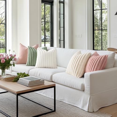 Image of MIULEE Faux Fur Decorative Throw Pillow Covers 24x24 Set of 2 Blush Pink | Modern Spring Home Decor Cute Soft Plush Couch Pillows Cozy Fluffy Cushion Covers for Sofa Bed Living Room