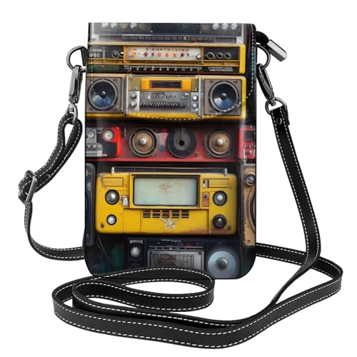 Bolso pequeño para teléfono celular de 19,3 x 12,4 cm, diseño vintage YYHHAOFA de pared de radio, boombox, moderno, práctico, multifuncional, funda de cuero con solapa cruzada para mujer