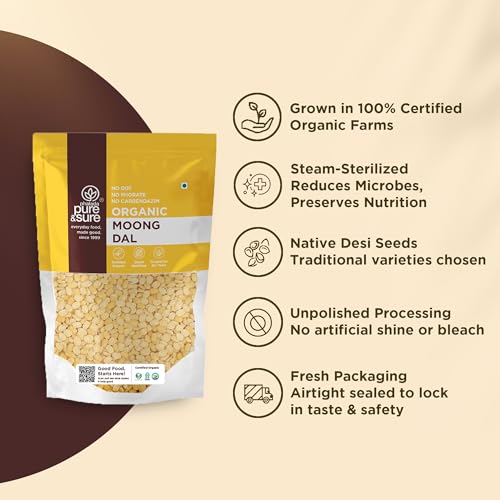 Image of Pure & Sure Organic Yellow Moong Dal (Split) 1Kg | 100% Natural Mung Dal Chilka | Unpolished | Vegan, Gluten-Free, Non GMO | Chemical Free & Pesticides Free
