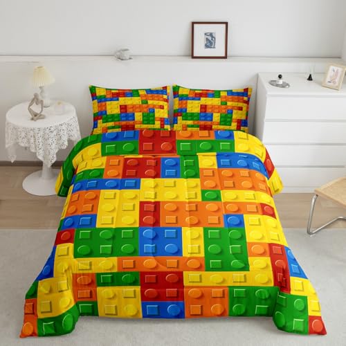 Feelyou Building Blocks Comforter Set for Kids Twin Size Boys Games Colorful Bedding Set Toy Brick Decorations Geometric Duvet Set Child Bedroom with 1 Pillowcase