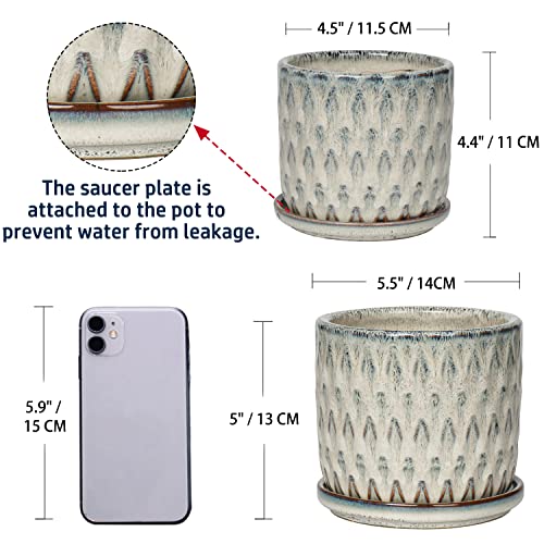 Set Of 2 Ceramic Planter Pots For Indoor Plants 4.5" 5.5" Gradient Color Small Cylinder Flower Plant Pots Set With Attached Saucers For Succulent Orchids Herb Indoor Outdoor Home Office #TOP1