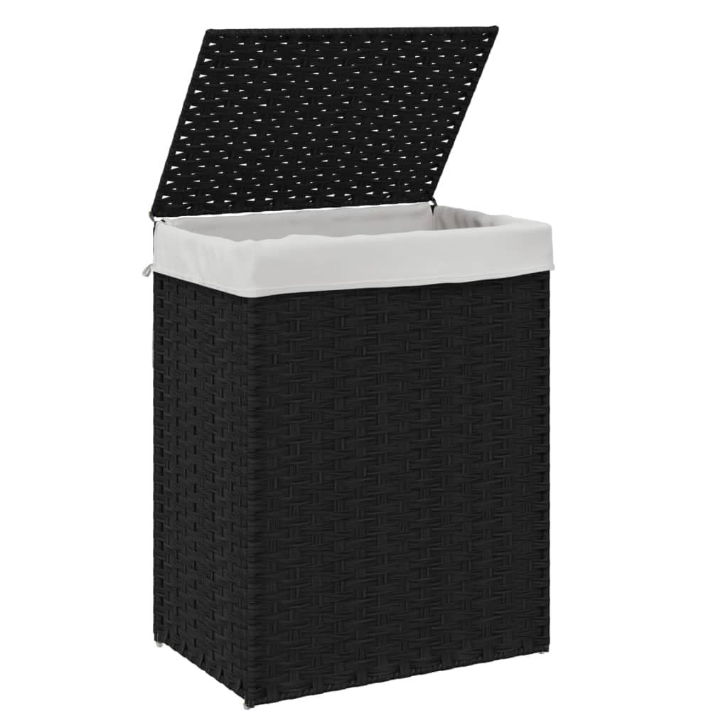 Mangloder - Cesto portabiancheria con coperchio, in polyrattan, nero, 46 x 33 x 60 cm, pieghevole con manico, per la biancheria sporca, per bagno, lavanderia