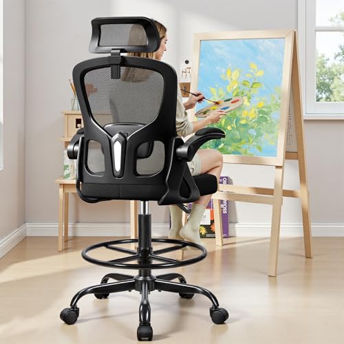 Image of Drafting Chair, Tall Office Chair for Standing Desk, Ergonomic High Back with Headrest, Lumbar Support, Foot Ring and Flip-up Armrests, Black
