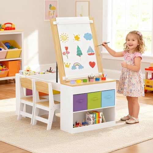 Callales Kids Art Table and 2 Chairs Set, Wooden Craft Desk with 2 Storage Shelves, 6 Storage Bins & Paper Roll for Drawing, Learning and Reading,...