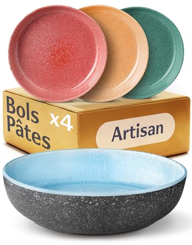 Cosumy Set de 4 Assiettes à Pâtes en Grès Ø22 cm – Vaisselle Artisanale avec Glaçure Réactive – Jeu de Couleurs Vibrantes, Compatible Micro-ondes & Lave-vaisselle – Set de 4 Pièces pour Pâtes