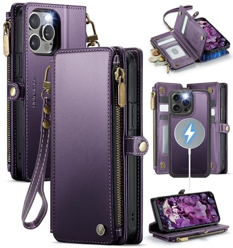 Defencase for iPhone 15 Pro Max Magnetic Wallet Case Compatible with Magsafe with RFID Blocking Zipper Strap Card Holder for Women Men PU Leather Detachable Case for iPhone 15 Pro Max (6.7) Purple