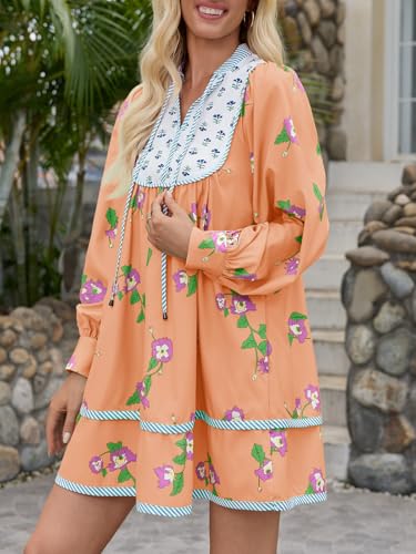 Image of Wenrine Womens Casual Floral Mini Dress Fall Long Sleeve V Neck Patchwork Loose Boho Shirt Dresses