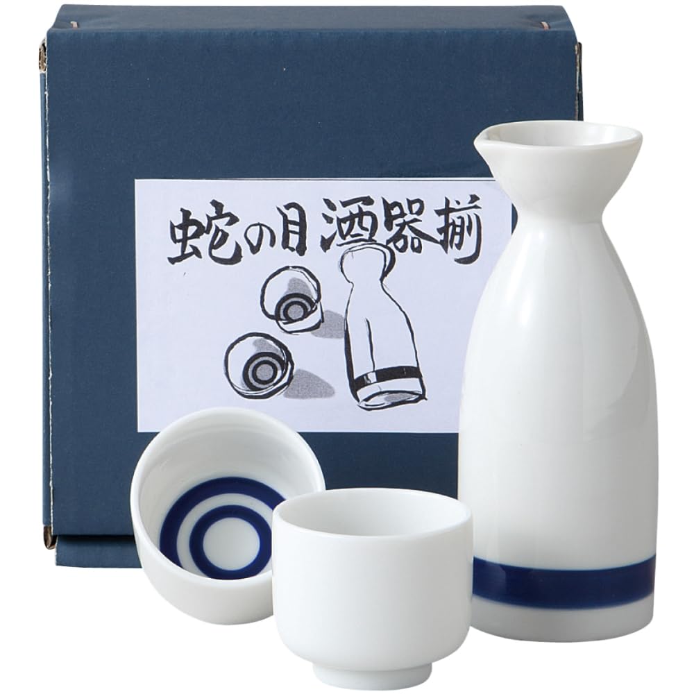 Mino Ware Sake Set Snake Eye Tokkuri 2 Ochoko Cups Porcelain Japan