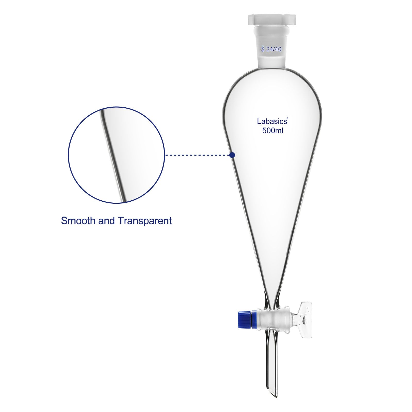 Labasics Embudo de Separación Cónico de Vidrio de Borosilicato de 500 ml con Llave de Vidrio, Ideal para la Separación de Líquidos en Laboratorios