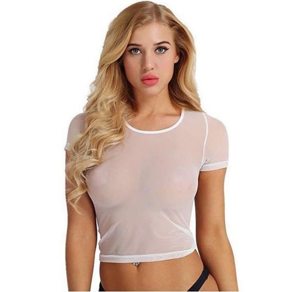 Toukingda Women's White Fishnet Top, Sexy 80S Sheer See Through Casual Shirts, Short Sleeve Hollow Out Fishnet Tank Tops E Mesh Shirt For Streetwear Disco Retro Halloween Funky Festival Fancy Costumes